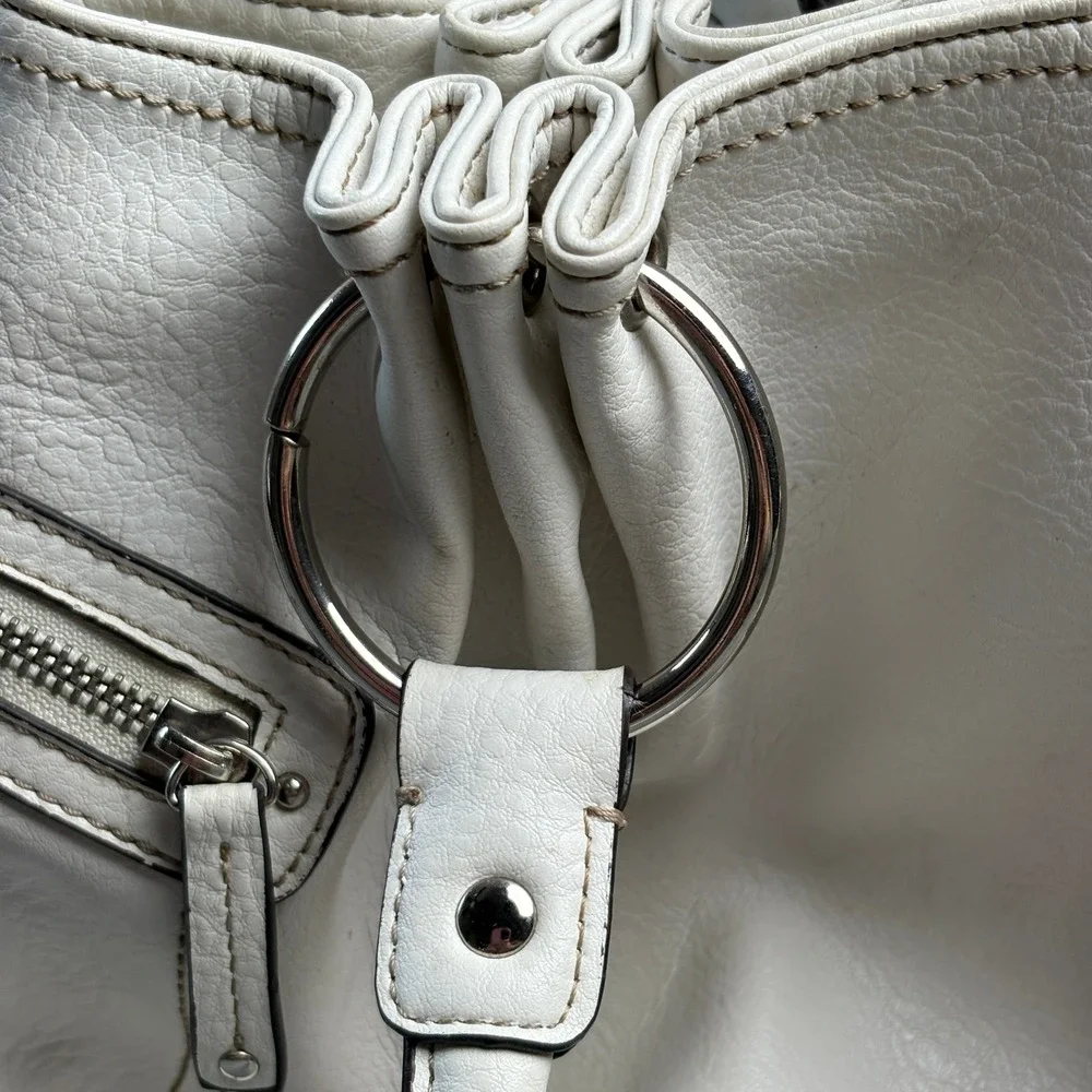 Nine West Womens Cream Faux Leather Shoulder Bag Silver Hardware O-Ring Tote